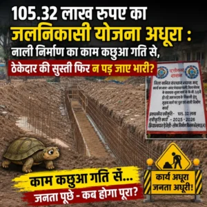 105.32 लाख रुपए का जलनिकासी योजना अधूरा : नाली निर्माण का काम कछुआ गति से, ठेकेदार की सुस्ती फिर न पड़ जाए भारी?